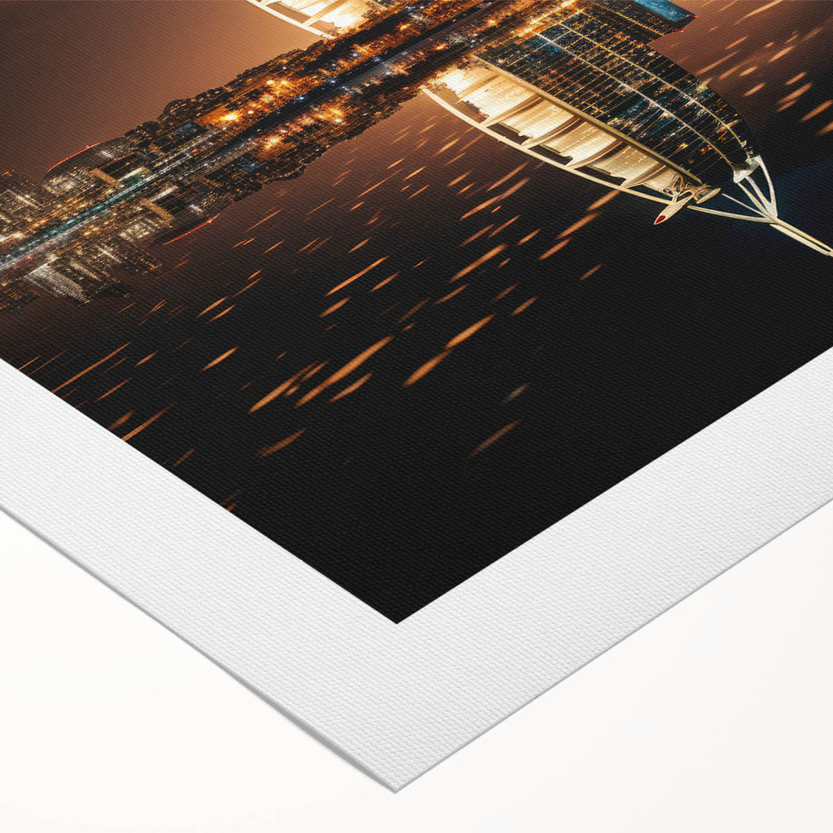 Art deco poster featuring the Burj Al Arab in muted gold and blue tones on rolled canvas, suitable for dining room wall art.