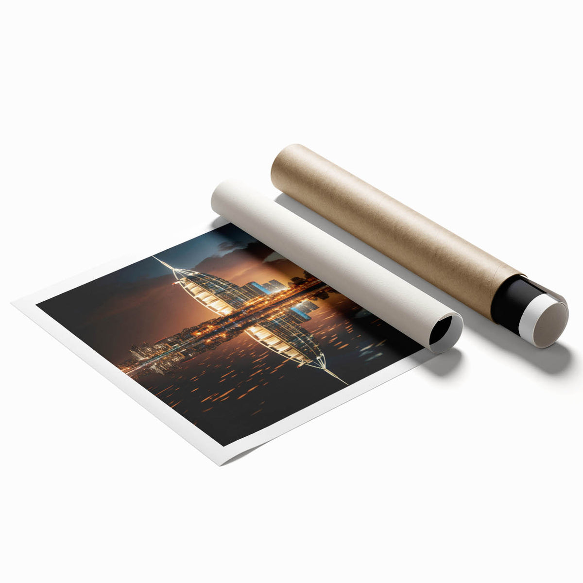 Extra large rolled print of Burj Al Arab with floral accents in pastel shades, ideal for classy bathroom wall art.