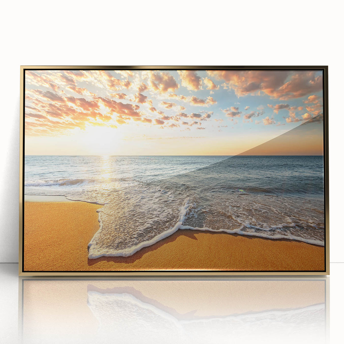 Framed acrylic print of Bora Bora scenery in pastel blue tones, ideal for modern bedroom ambiance.