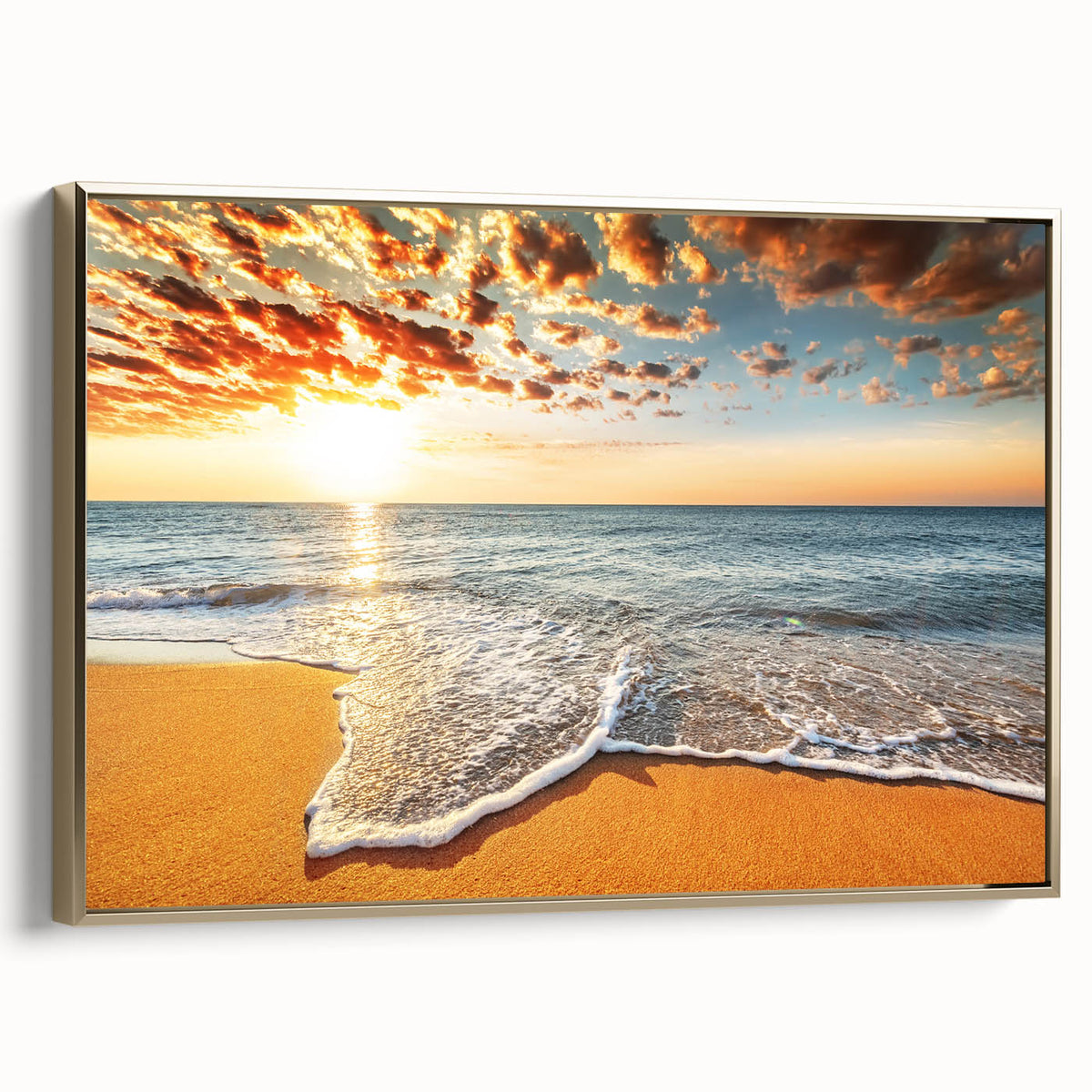 Framed canvas of a vintage-style landscape painting depicting Bora Bora, featuring muted blues and greens.