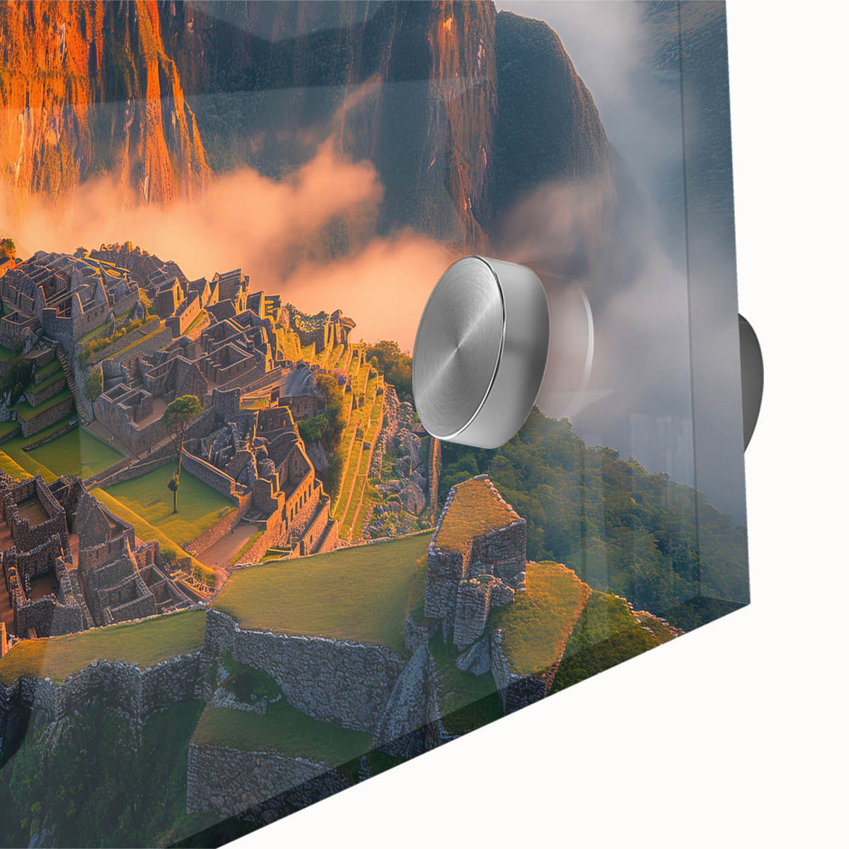 Acrylic print of Machu Picchu in muted earth tones, ideal for dining room art with a mid-century modernist style.