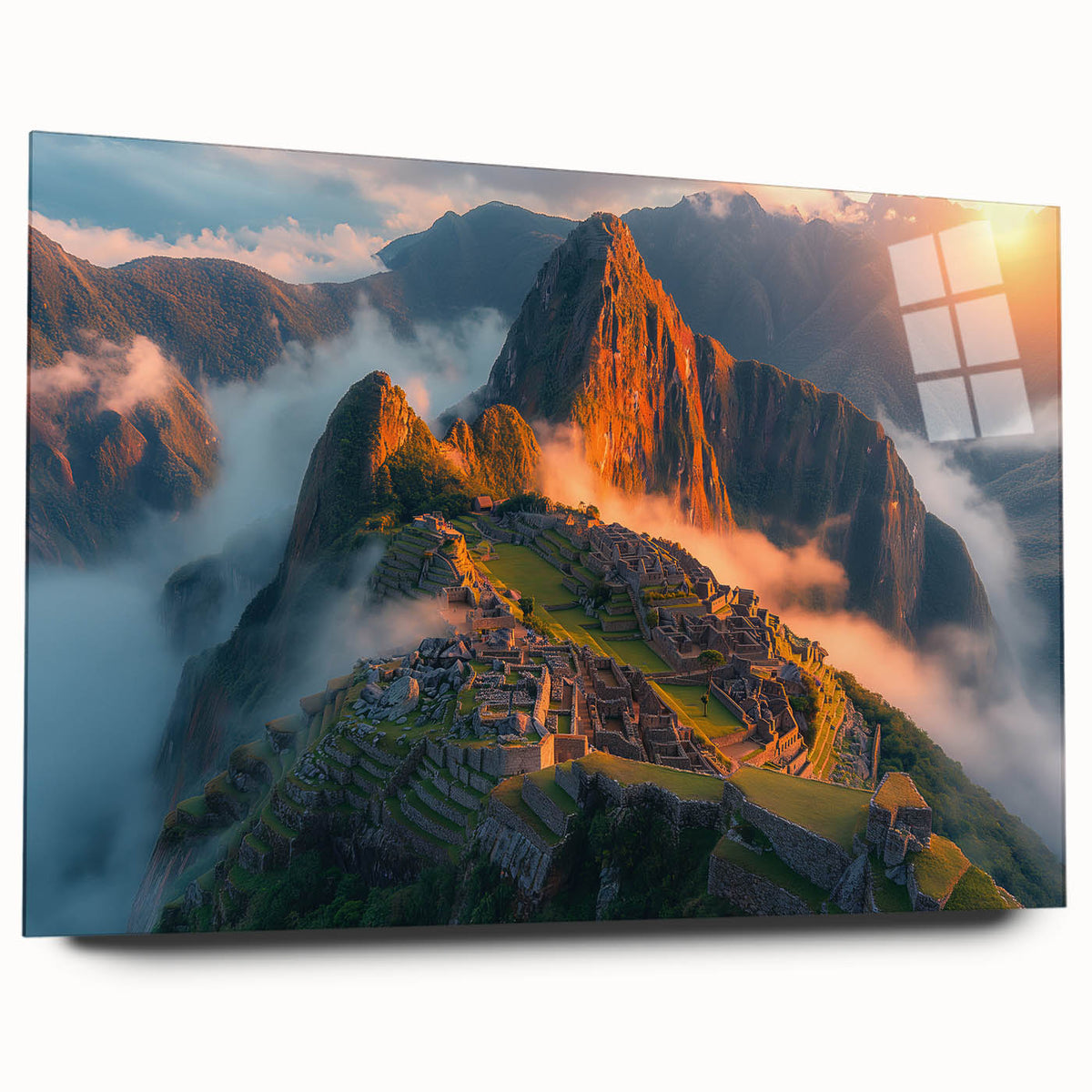Acrylic print of Machu Picchu in detailed landscape format, using earth tones, ideal for bedroom or dining room art.