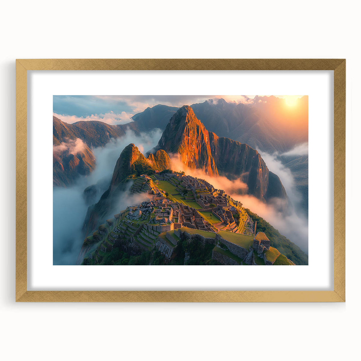 Extra large abstract print of Machu Picchu in muted earth tones, framed in gold, ideal for living room decor.