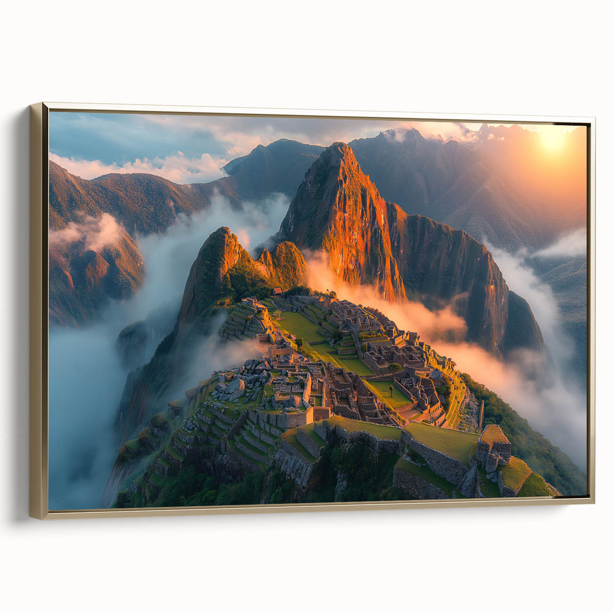 Framed canvas depicting a vintage-style landscape of Machu Picchu in muted gold and black tones, ideal for bedroom wall art.