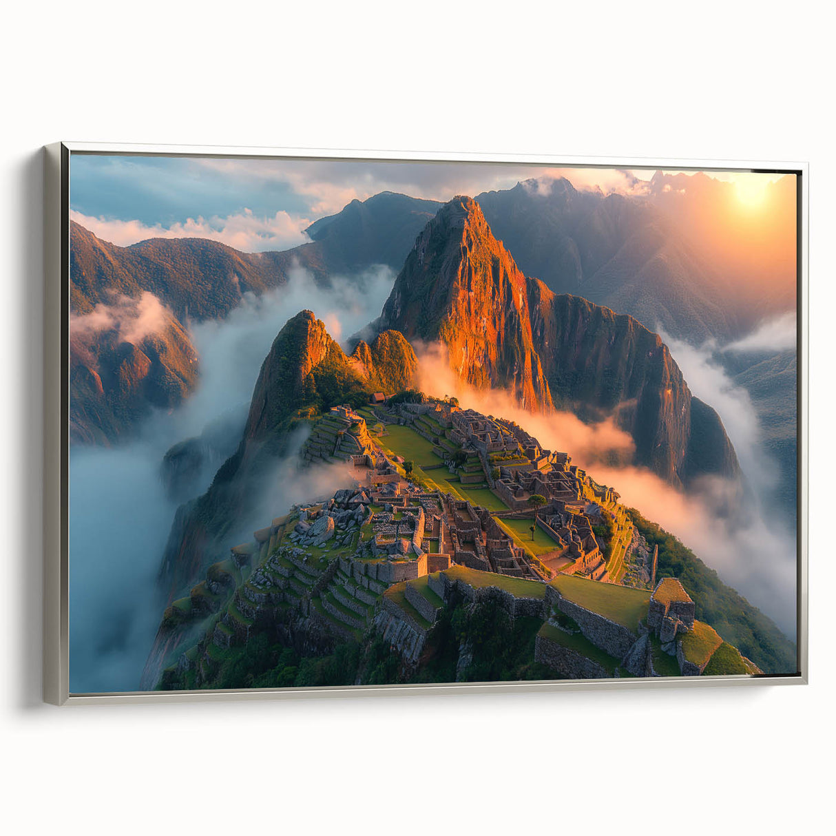 Framed canvas of Machu Picchu landscape art painting with vibrant greens and grays, ideal for office decor.