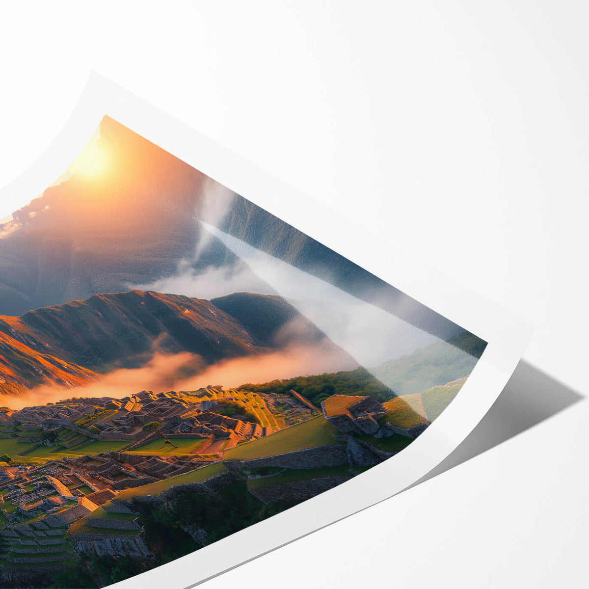 Extra large wall art of Machu Picchu in muted earth tones on a rolled print, suitable for large living room decor.