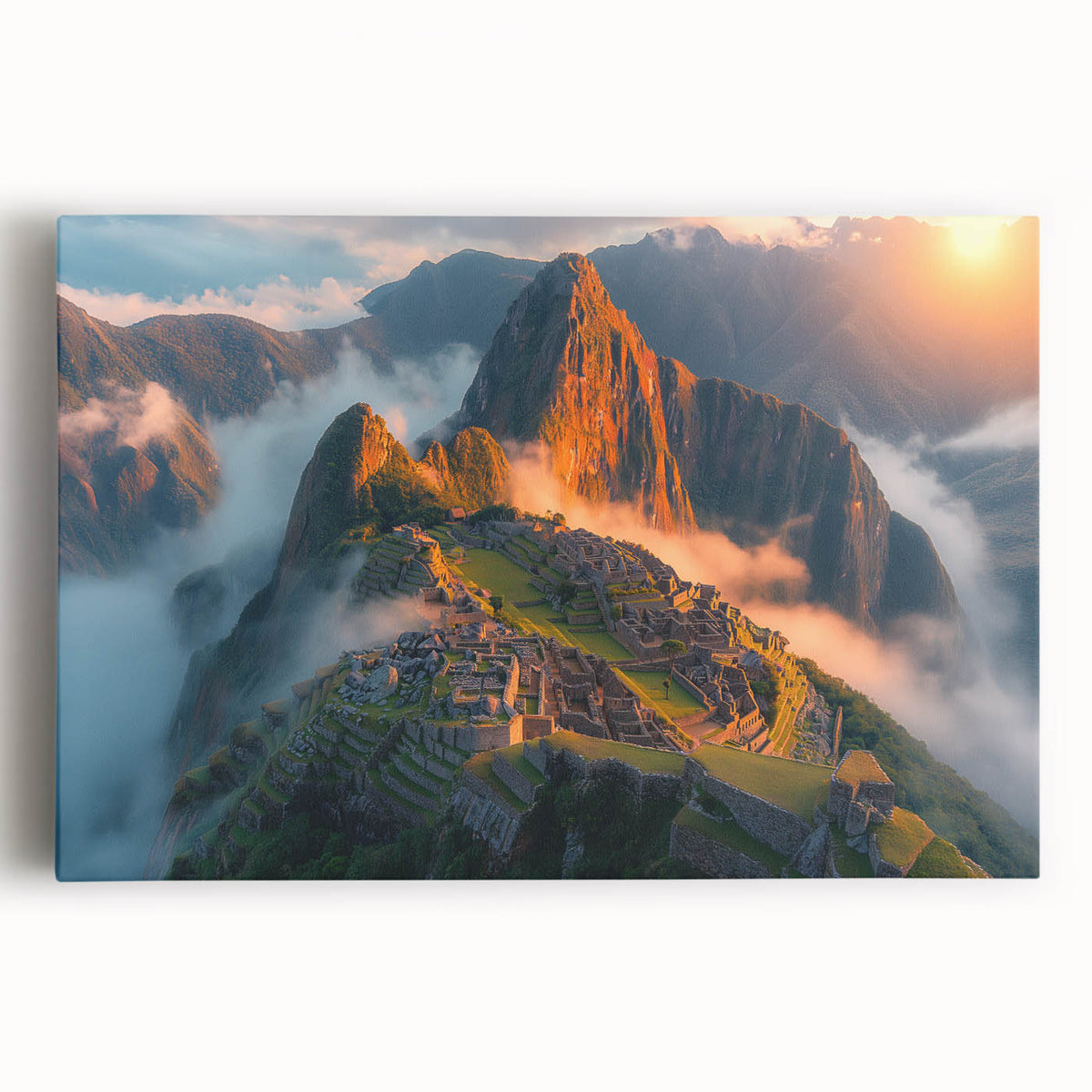 Black and white stretched canvas of Machu Picchu, ideal for kitchen wall art.