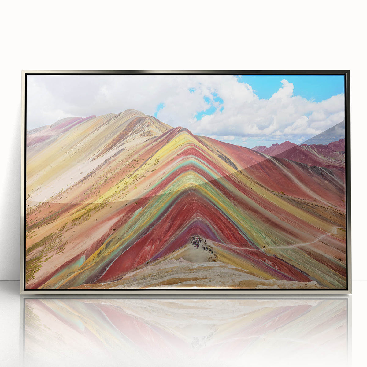 Mid-century modernist art depicting a scenic Peruvian landscape in muted earth tones, framed acrylic.