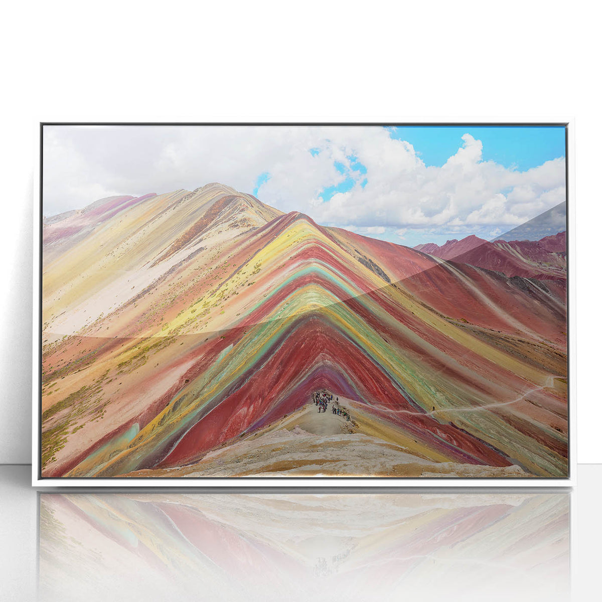 Acrylic print of a Peruvian landscape in soft earth tones, framed in white, suitable for modern art wall decor or a nursery.