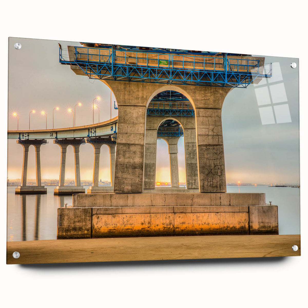 Acrylic print of a large abstract depiction of Coronado, California, in muted blue and gray tones.