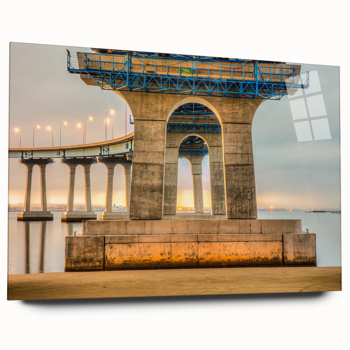 Large abstract acrylic print of California's Coronado scenery in soft blue and beige tones.