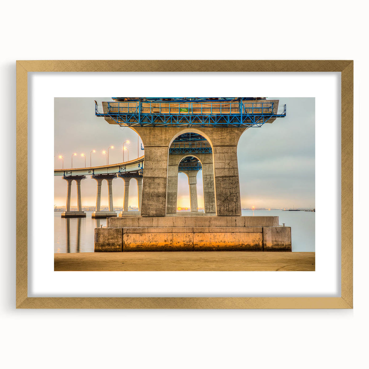 Extra large abstract art print of a textured California Coronado scenery in muted colors, framed in gold.
