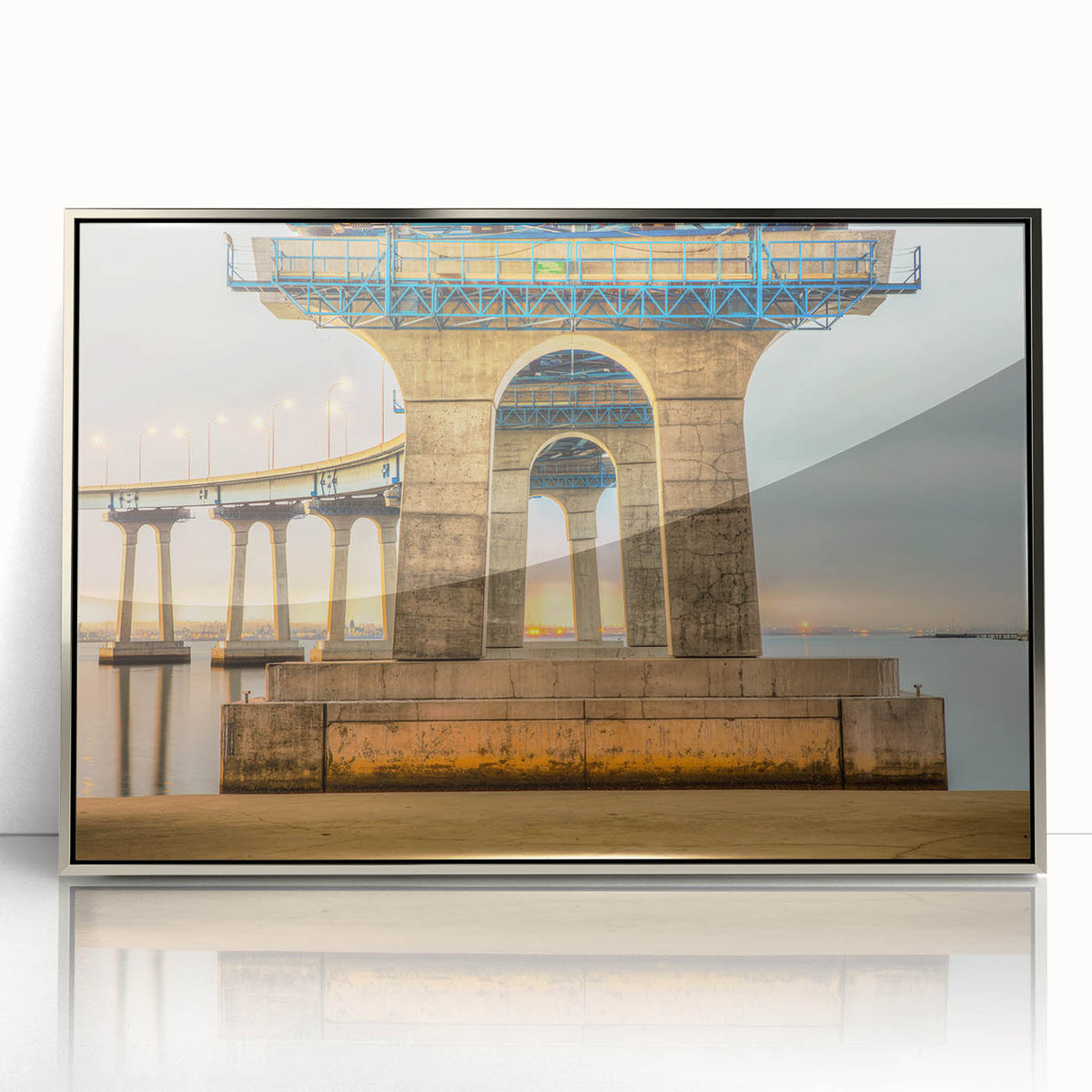 Mid-century modernist art depicting the Coronado, California scenery in muted earth tones on a framed acrylic print.