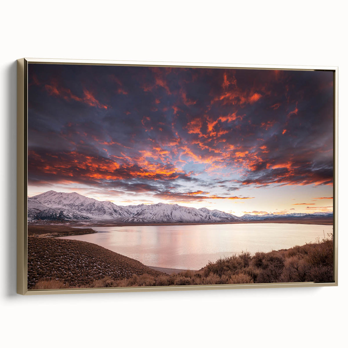 Framed canvas of Sierra Nevada landscape in vintage poster style with a black and gold color scheme.