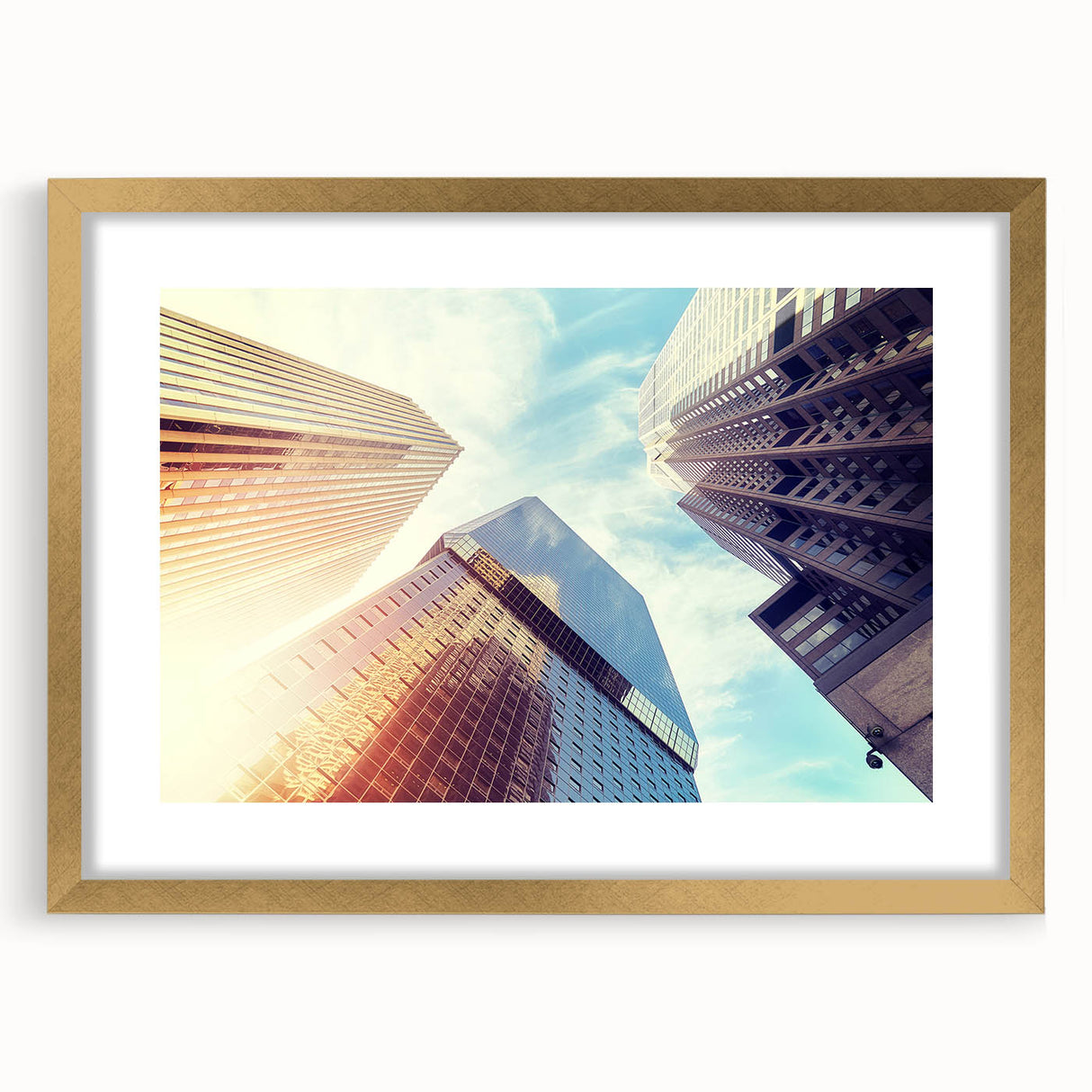 Abstract art print of Denver skyline in textured gold frame, ideal for extra large wall art in living room.