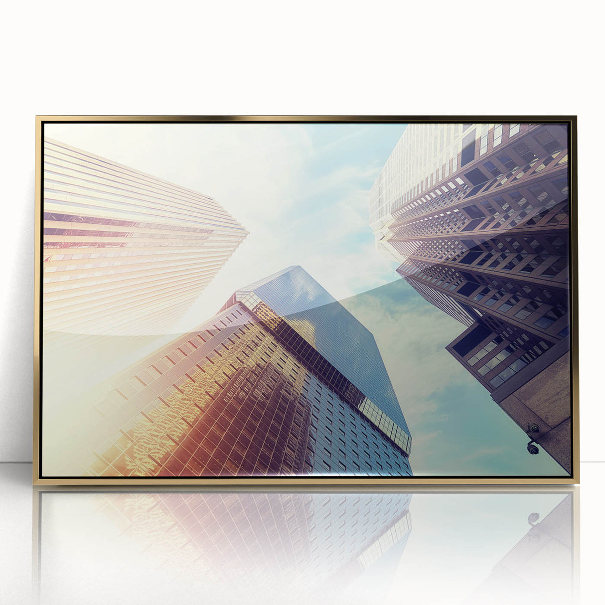 Framed acrylic print of Denver skyline in mid-century modernist style with gold and blue tones.