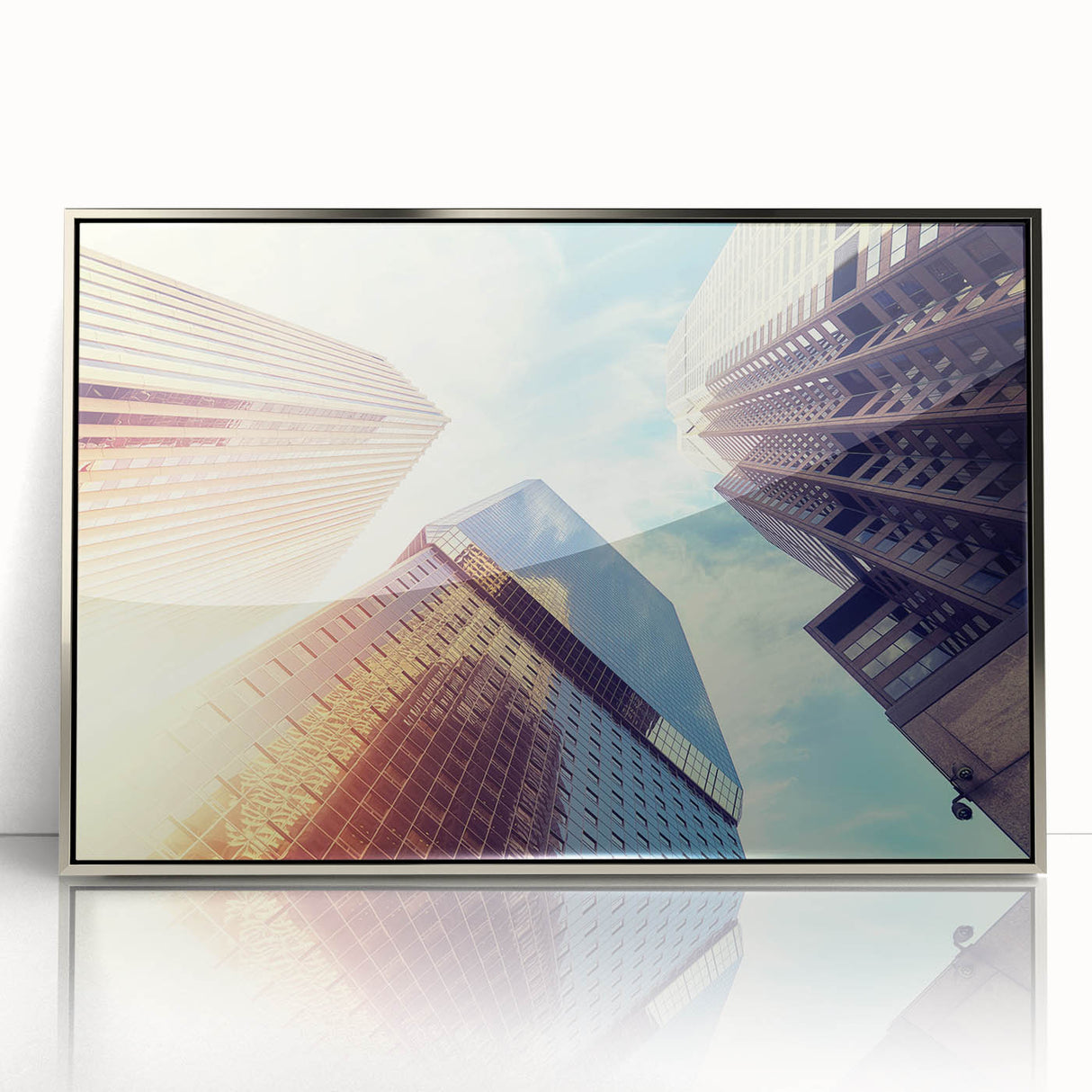 Mid-century modernist Denver skyline in muted colors on silver-framed acrylic, ideal for nursery wall art.
