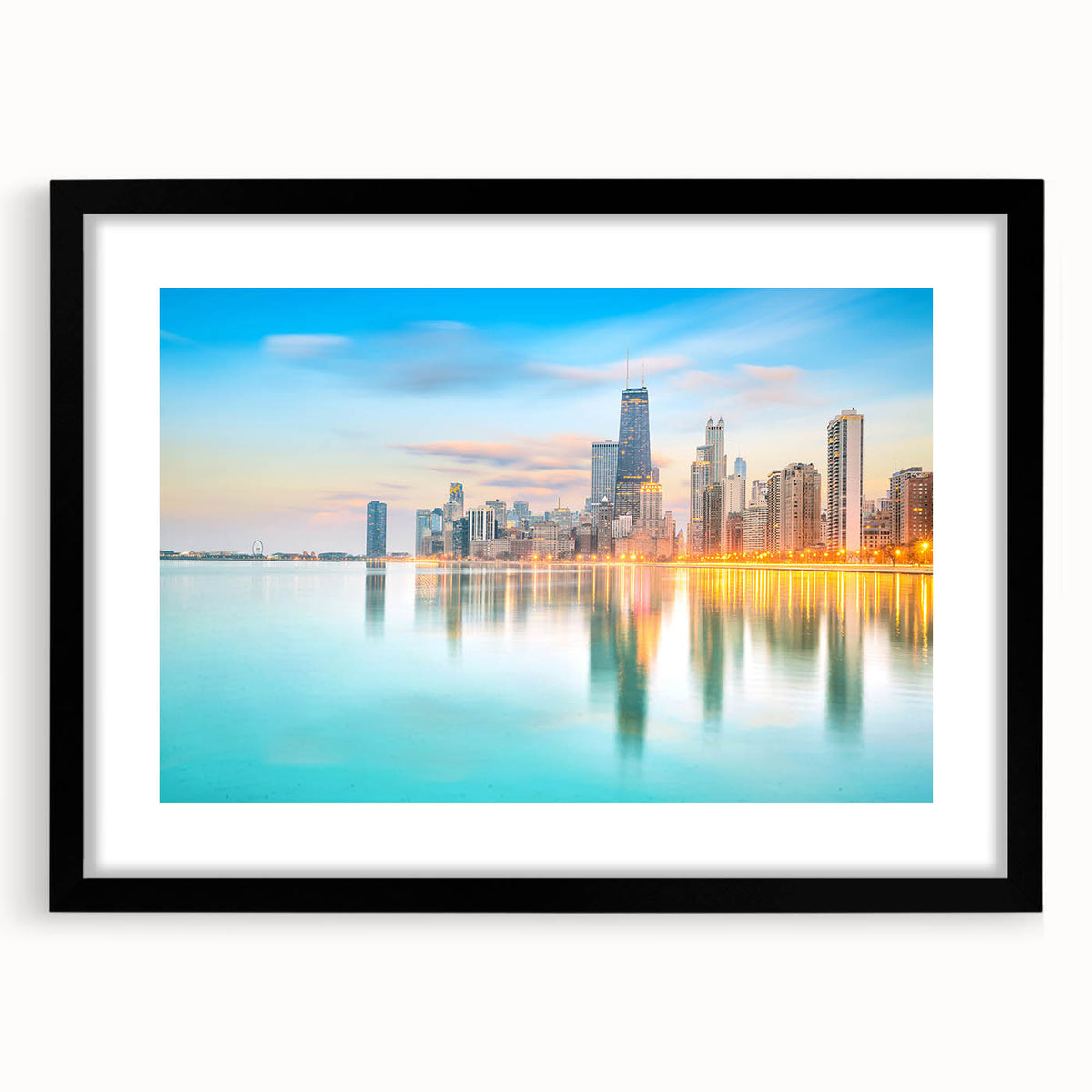 Extra large abstract art print of vibrant, colorful Chicago skyline on textured canvas, framed in black.