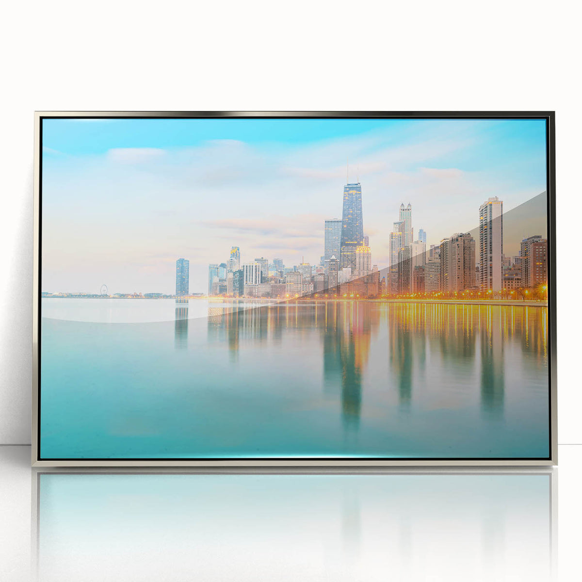 Mid-century modernist art featuring the Chicago skyline in muted blue tones on a framed acrylic print.