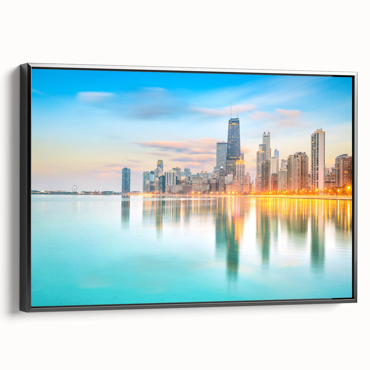 Black and white framed canvas of Chicago skyline, ideal for bedroom wall art with a vintage poster art style.