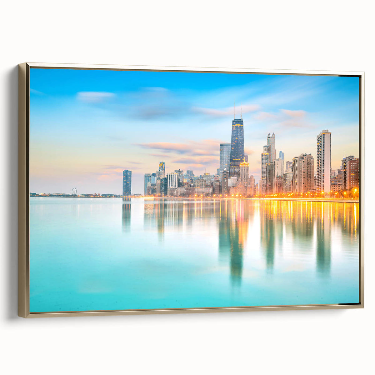 Framed canvas of a vintage-style Chicago landscape in black and gold, ideal for bedroom wall art.