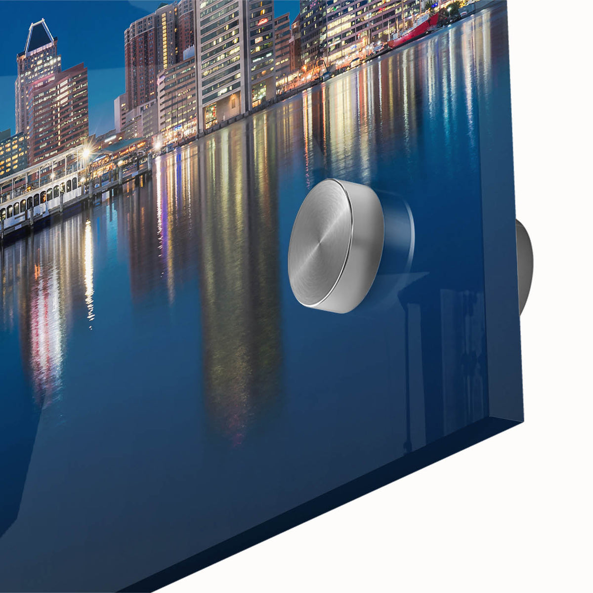 Large abstract wall art of Baltimore skyline in muted gray and blue tones on acrylic glass, perfect for dining room ambiance.