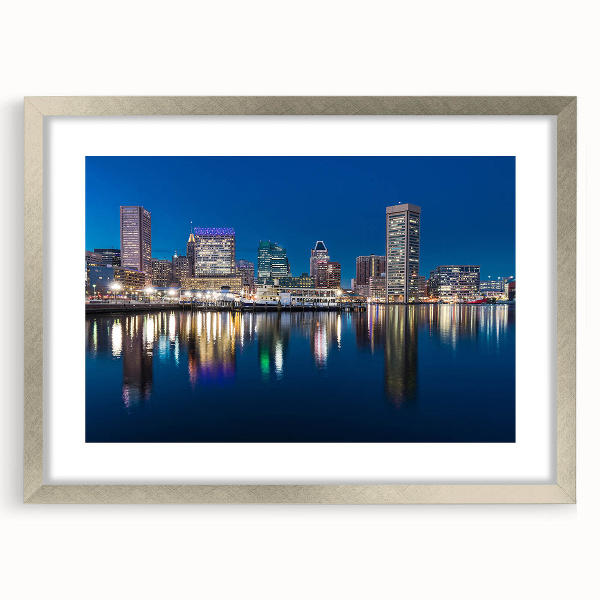 Textured abstract art print of Baltimore skyline in muted gray and silver frame, ideal for bedroom wall decor.