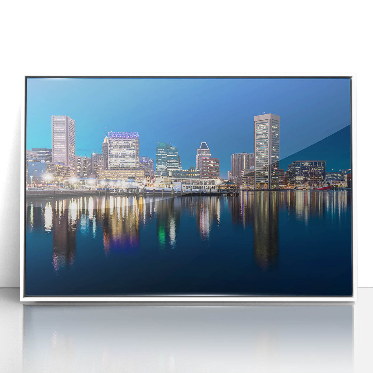 Acrylic print of Baltimore skyline in art deco style with pastel shades, ideal for modern nursery wall art.