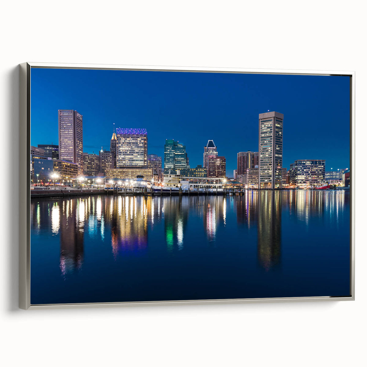 Framed canvas featuring a vintage-style landscape art painting of Baltimore with colorful accents.
