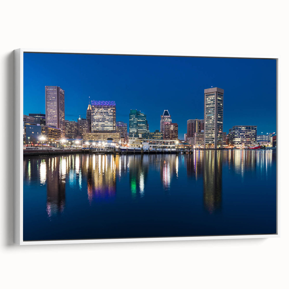 Vintage poster art of Baltimore skyline in vibrant colors on a framed canvas, ideal for living room decor.