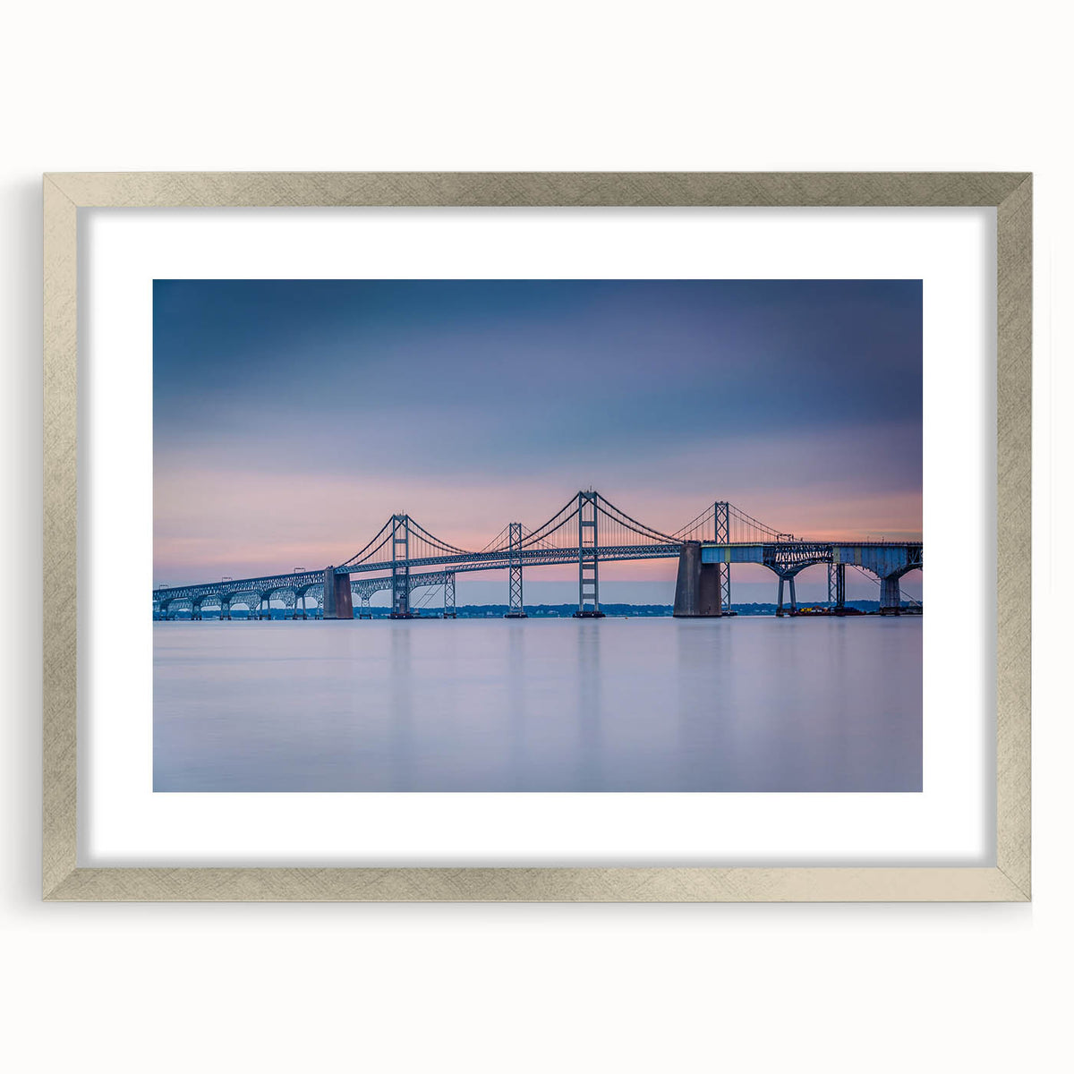 Textured art of the Chesapeake Bay in abstract style, muted blues and greens, framed in silver, ideal for bedroom decor.