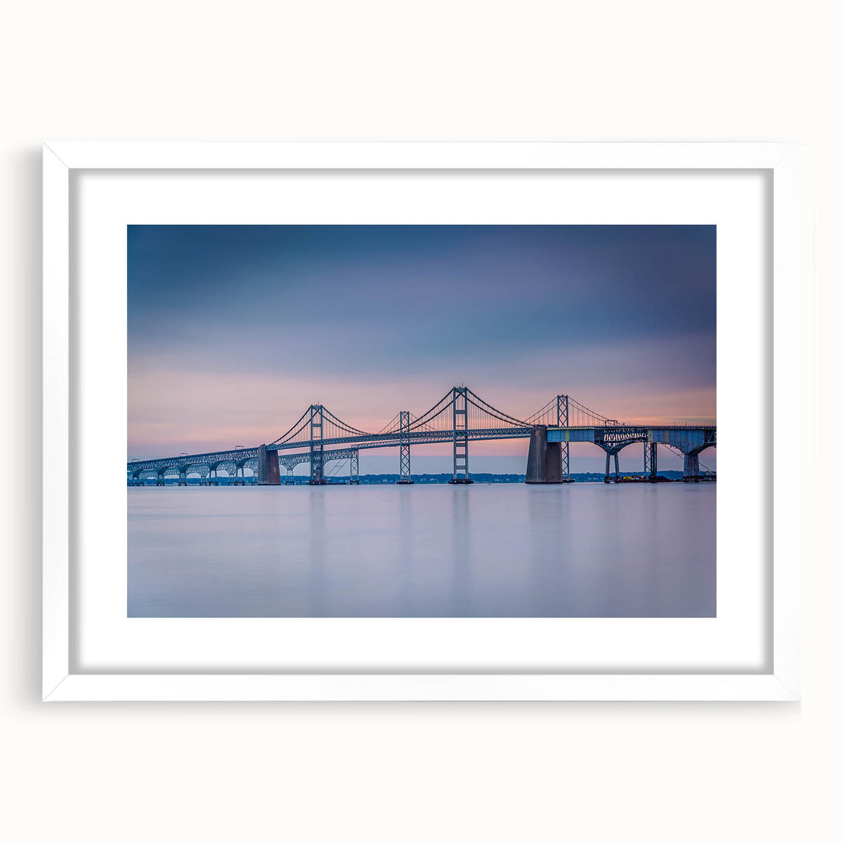 Abstract art print of Chesapeake Bay in muted blue and green tones on a white framed canvas.