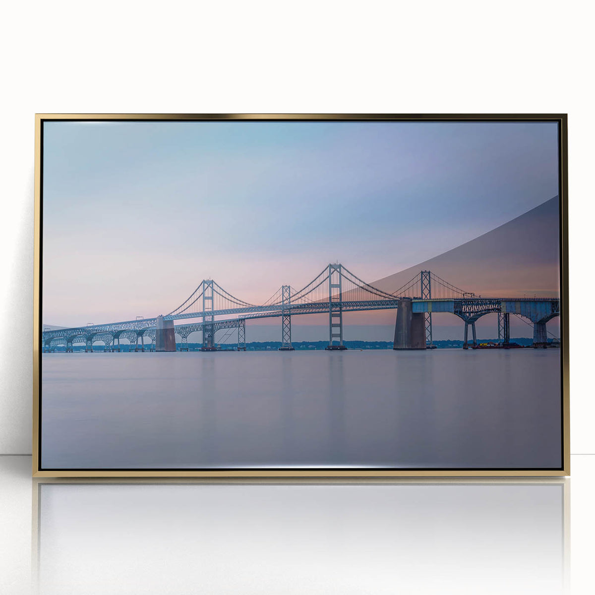 Framed acrylic print of Chesapeake Bay in muted blues and greens, ideal for modern art wall decor.