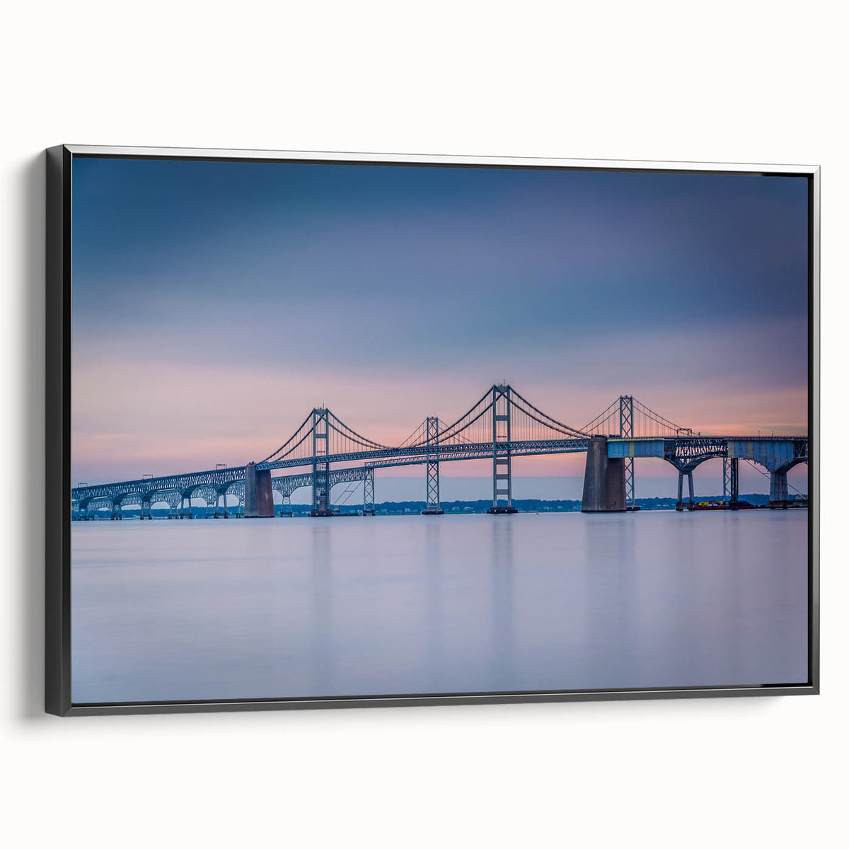 Black and white framed canvas of Chesapeake Bay landscape, ideal for bedroom wall art.