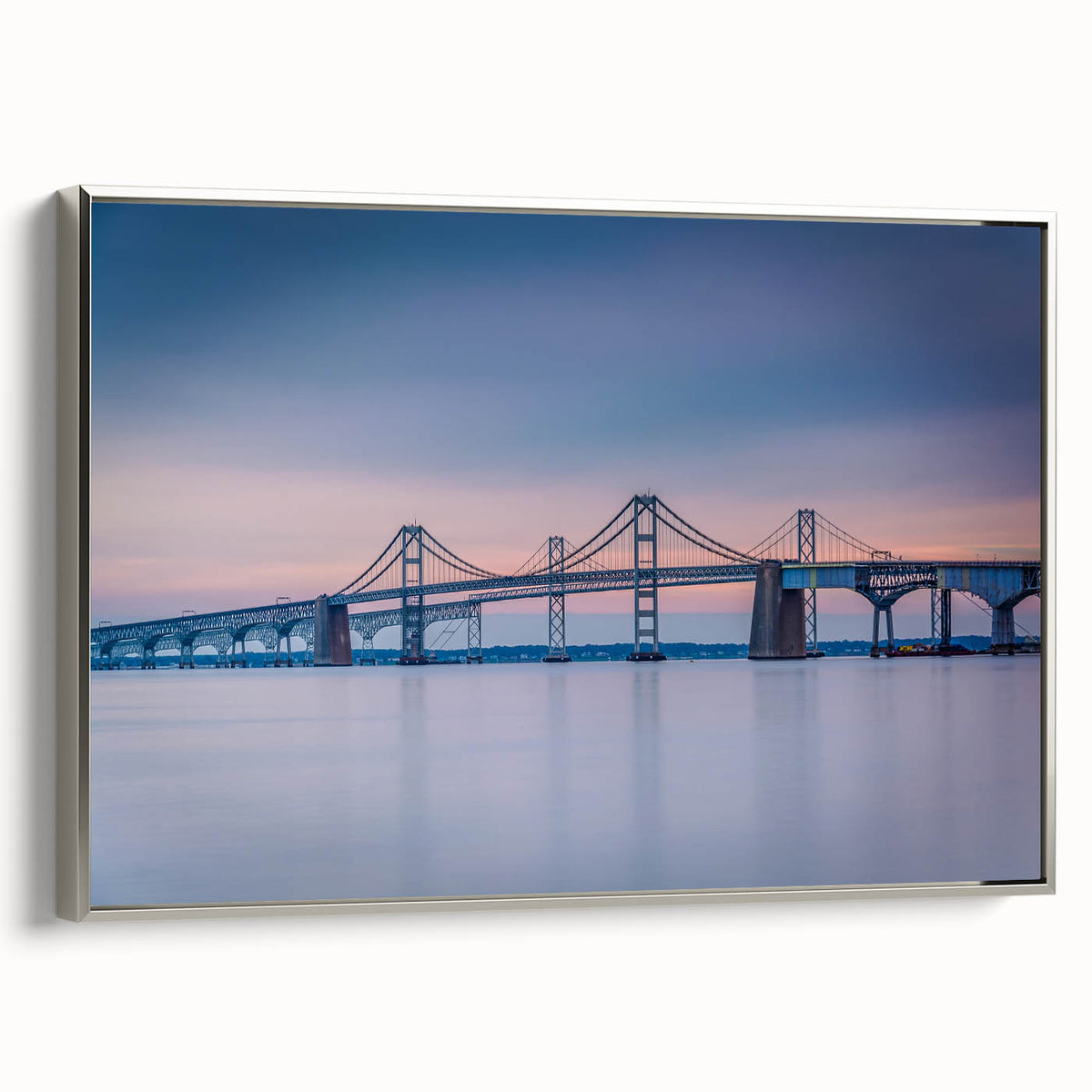 Framed canvas depicting a vintage-style Chesapeake Bay landscape in muted blues and grays, ideal for office decor.