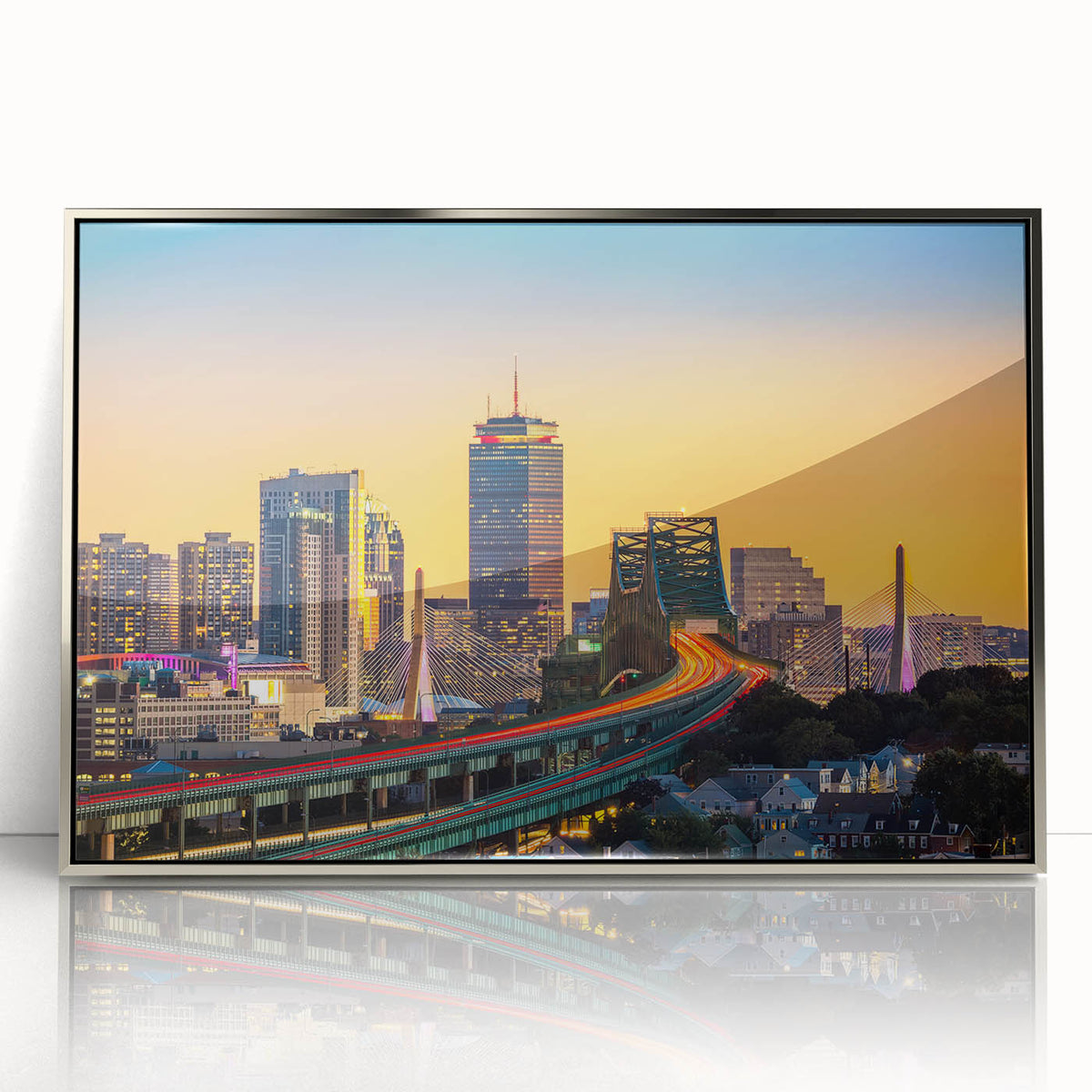 Mid-century modernist art of Boston skyline in muted gray tones on a framed acrylic, ideal for modern art wall decor.