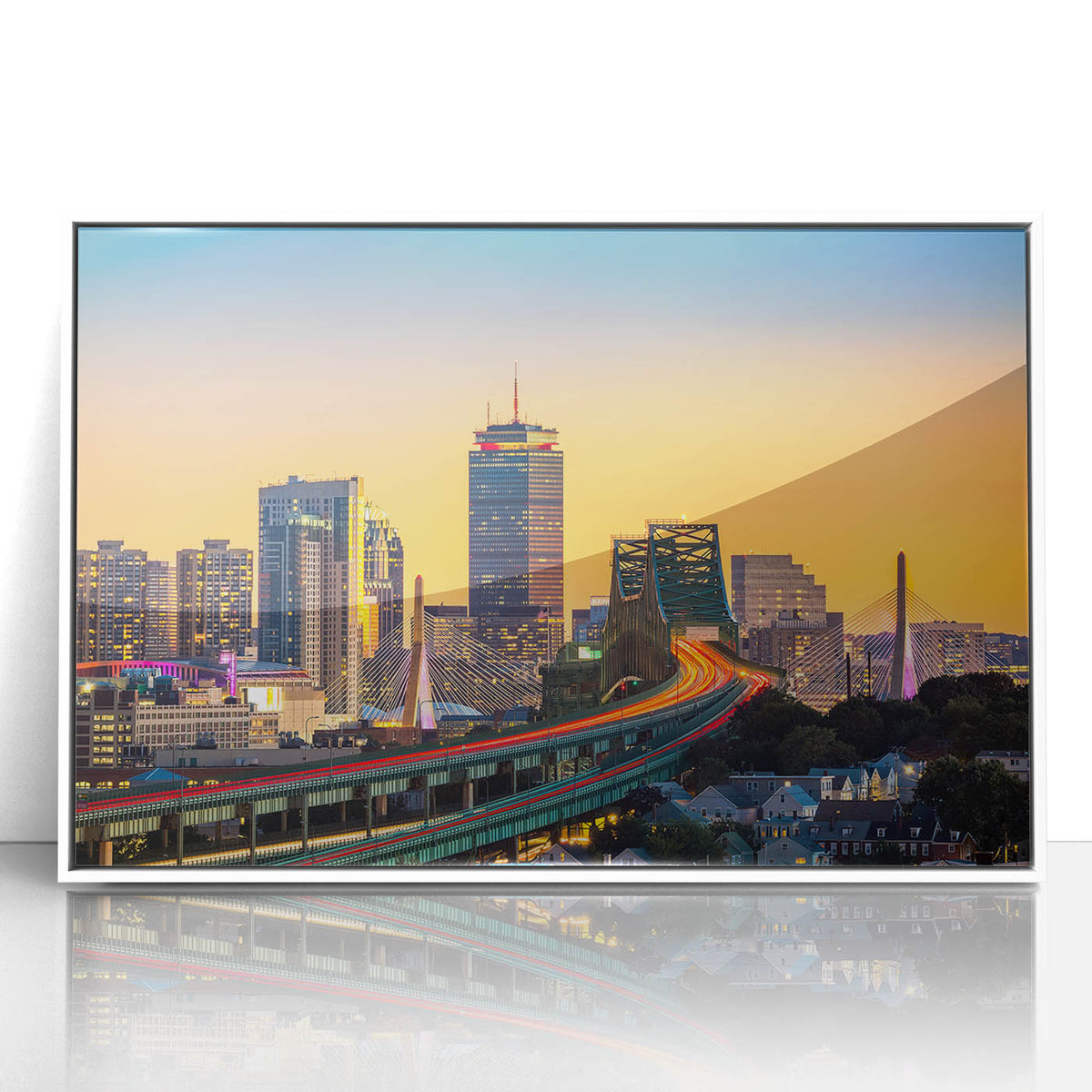 Acrylic print of Boston skyline in muted gray and blue, framed in white, ideal for modern nursery wall art.