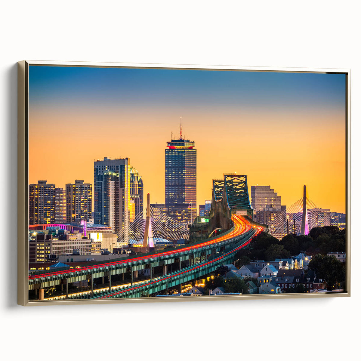 Framed canvas of a vintage-style Boston landscape in black and gold, ideal for bedroom wall art.