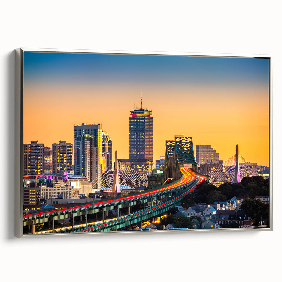 Framed canvas landscape art painting featuring a vintage poster style view of Boston in colorful art tones.