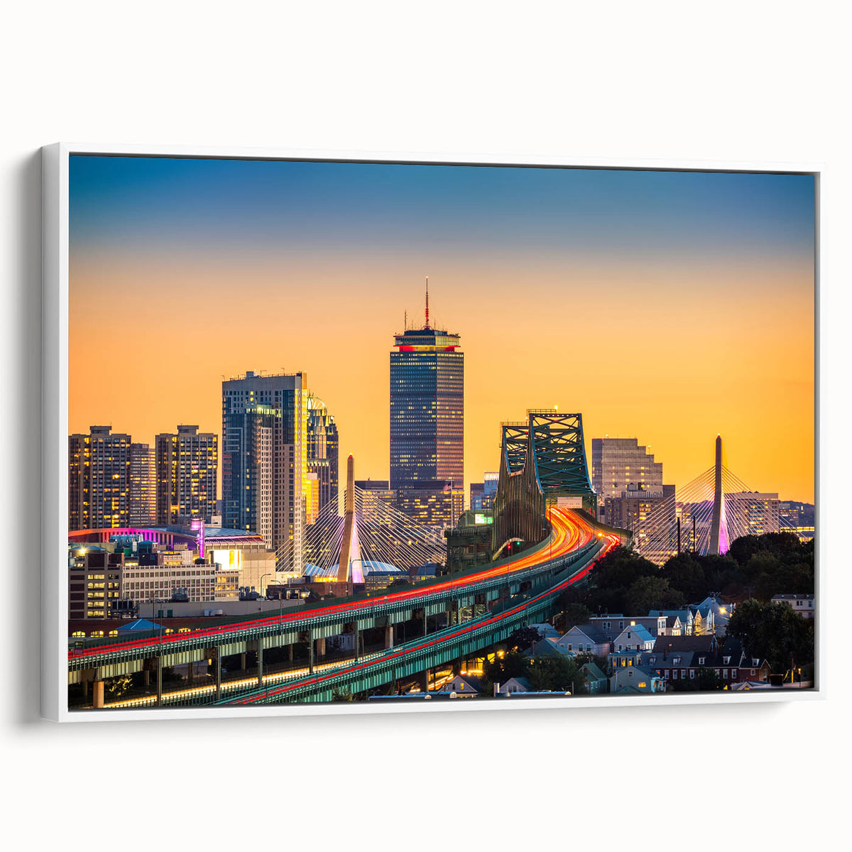 Vintage poster art of Boston skyline in vibrant colors on extra-large framed canvas, ideal for living room decor.
