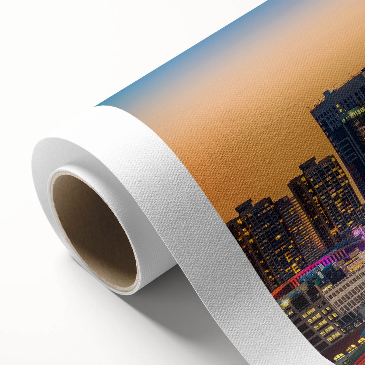 Art Deco poster of Boston skyline in muted blue shades on rolled canvas, ideal for nursery wall art or dining room decor.