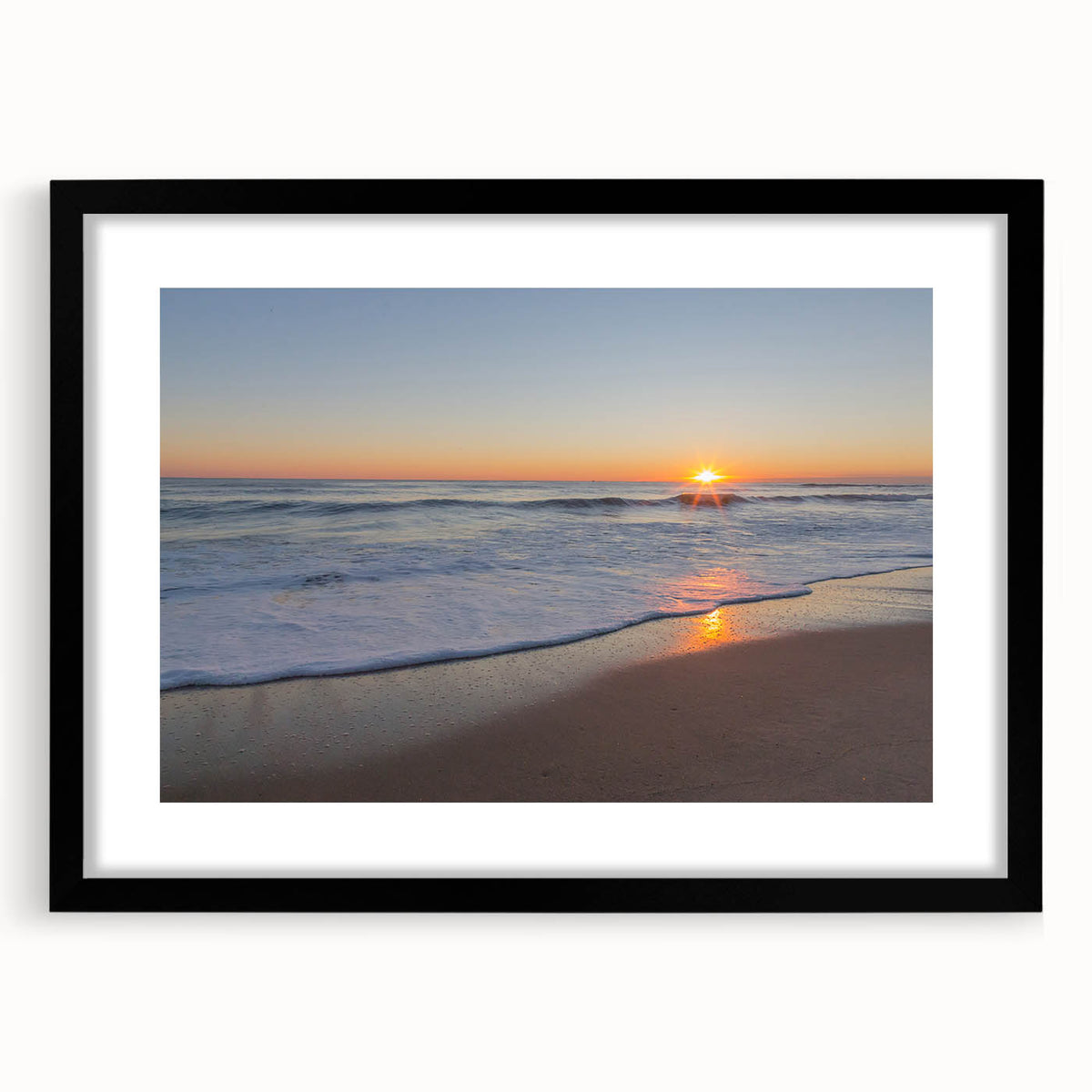 Abstract art print depicting a colorful, textured Massachusetts Cape scenery in a large black frame.