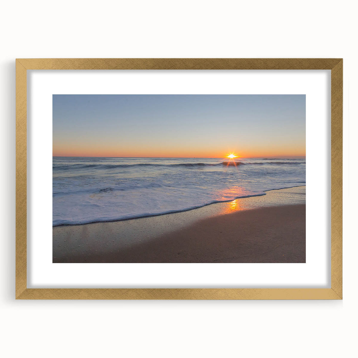 Extra large abstract art print of Massachusetts Cape scenery in gold frame.