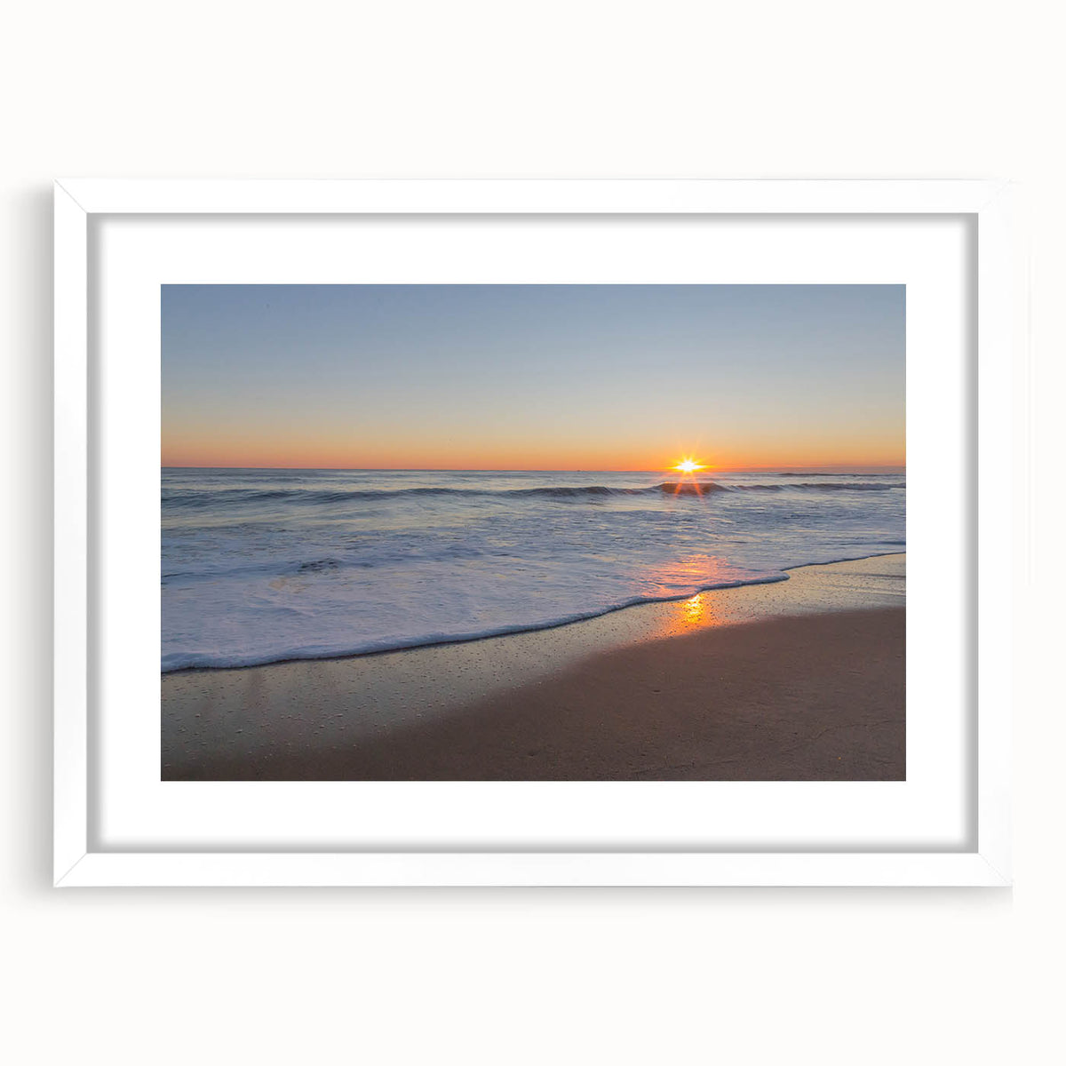 Abstract art print of Massachusetts Cape scenery in muted blue tones, framed with a white mat.
