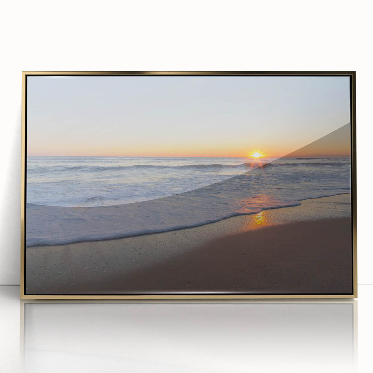 Large art print of Cape Cod Massachusetts scenery in mid-century modernist style, framed in gold acrylic.