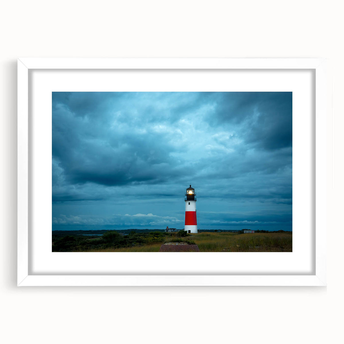 Abstract art print depicting a serene Nantucket landscape in muted blue and green tones, framed with a white mat.