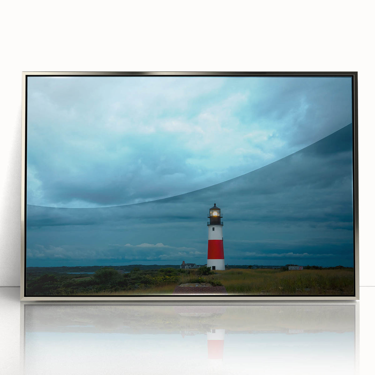 Mid-century modernist art of Nantucket scenery in silver-framed acrylic, muted blue and gray palette.
