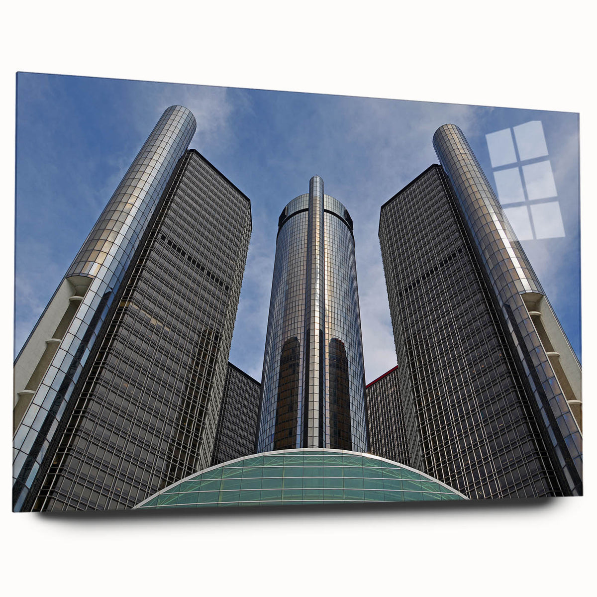 Large abstract Detroit skyline in muted blue and gray on acrylic glass, ideal for bedroom or dining room art.