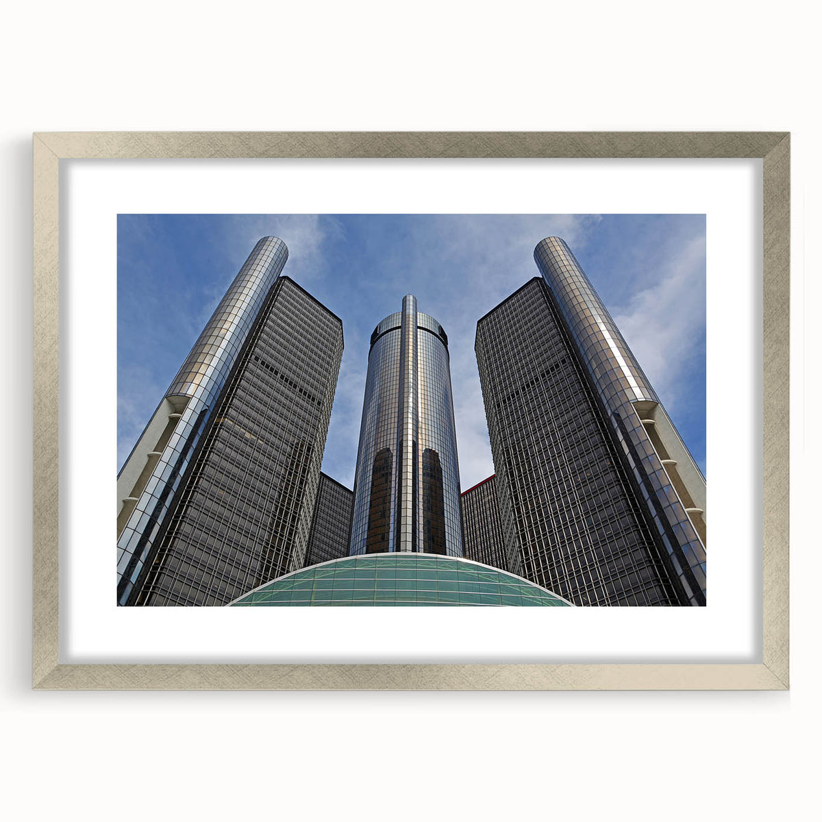 Textured abstract art print of Detroit skyline in muted gray and silver tones on a framed canvas, suitable for bedroom art.