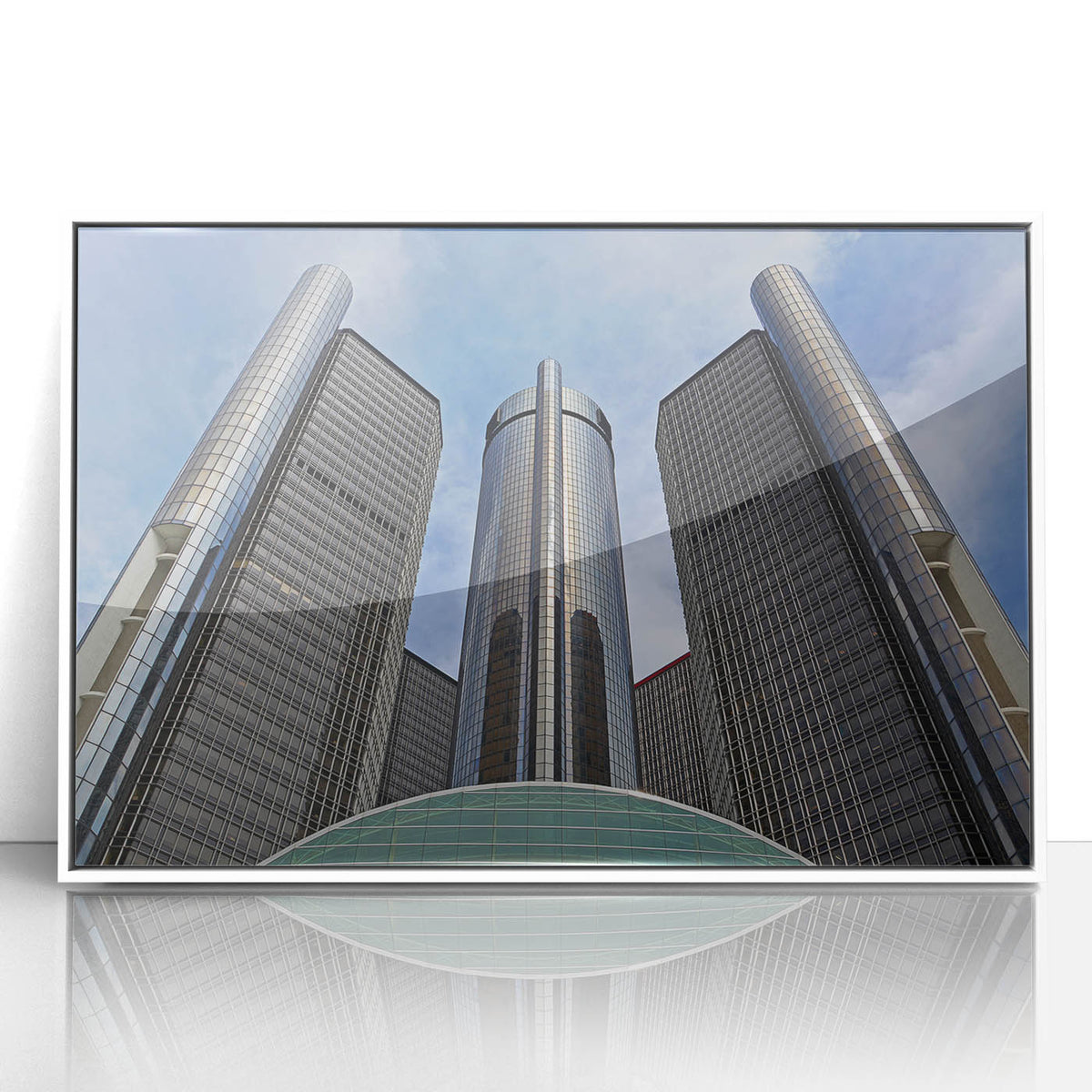 Art deco style poster of Detroit skyline in muted gray and blue tones, acrylic framed, ideal for modern bedroom ambiance.